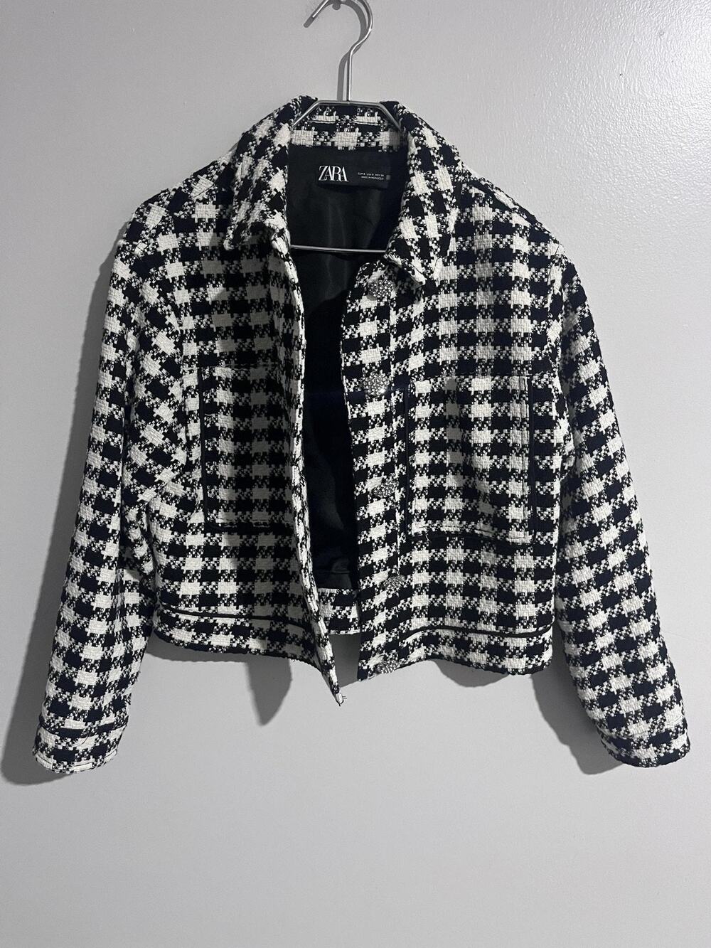 ZARA Jacket Womens S Black Tweed Check Rhinestone Button Collared Pockets